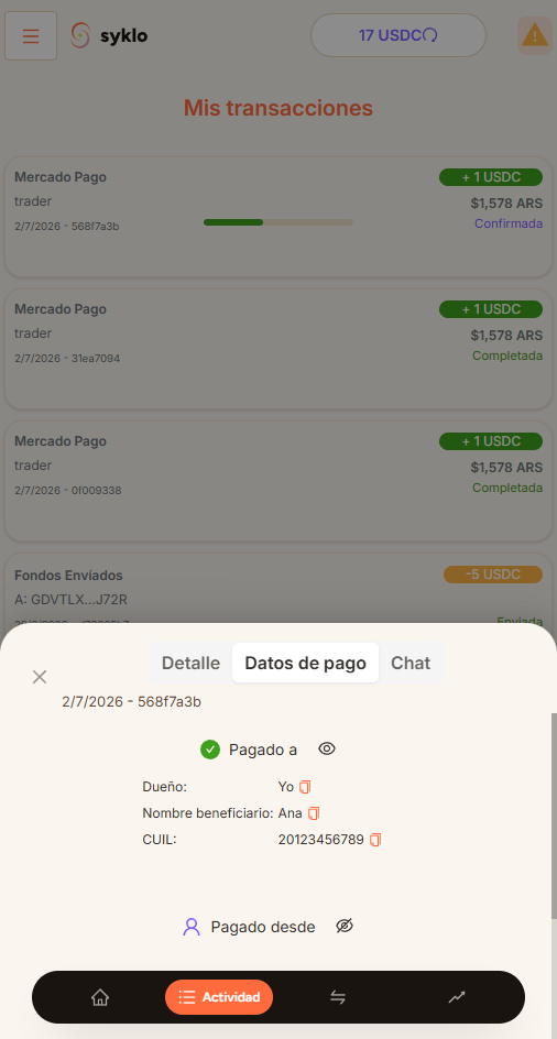 Datos de pago del vendedor en una compra de Syklo