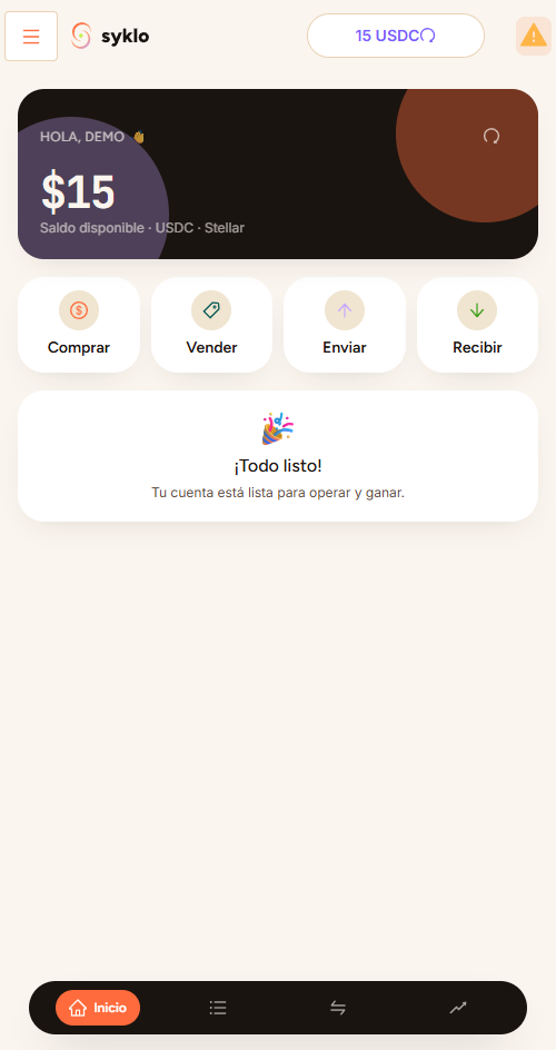 Pantalla principal de Syklo con saldo y accesos rápidos