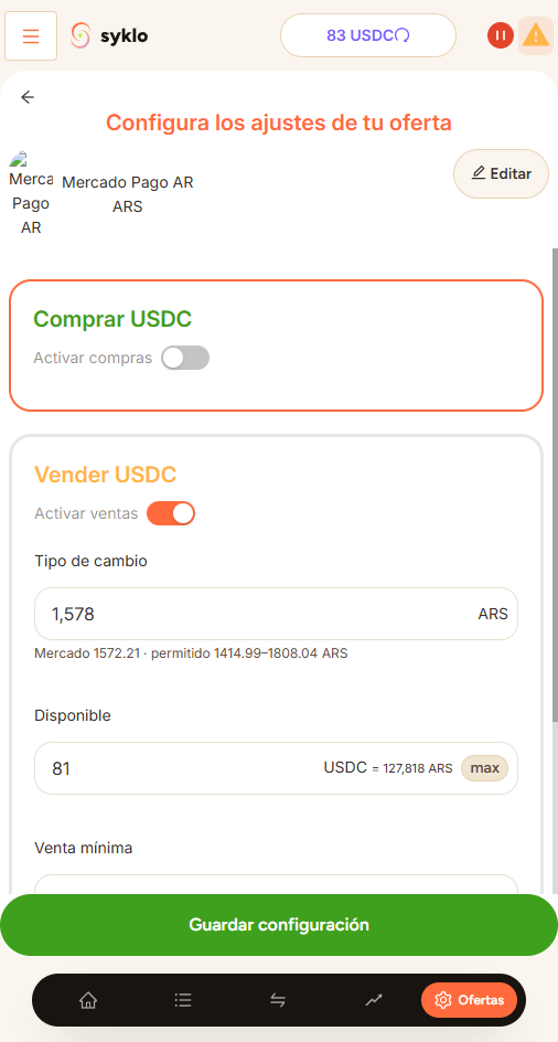 Pantalla de configuración de oferta de trader en Syklo