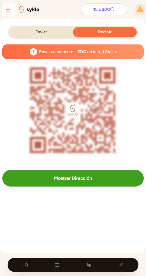 Pantalla para recibir USDC en Syklo con código QR