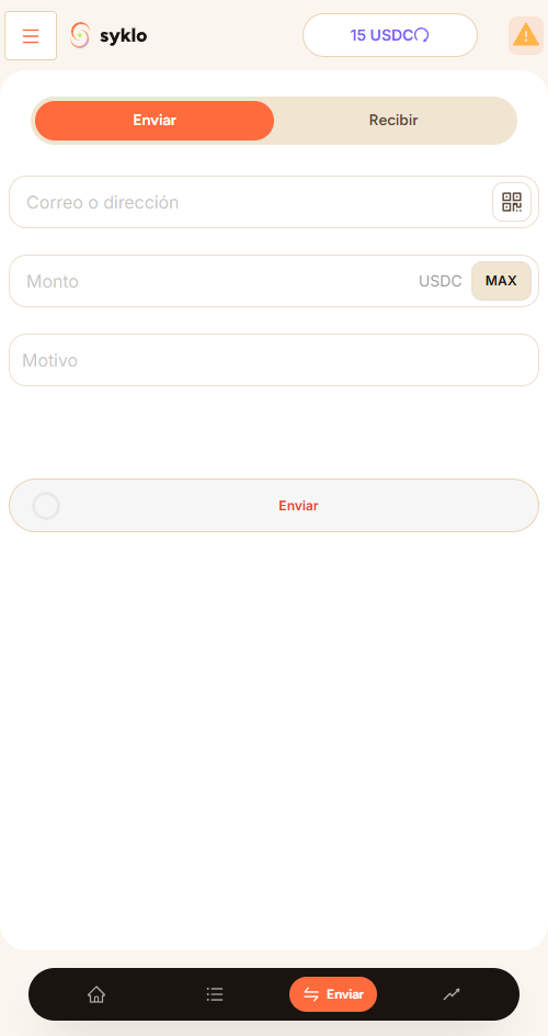 Pantalla de envío de USDC en Syklo